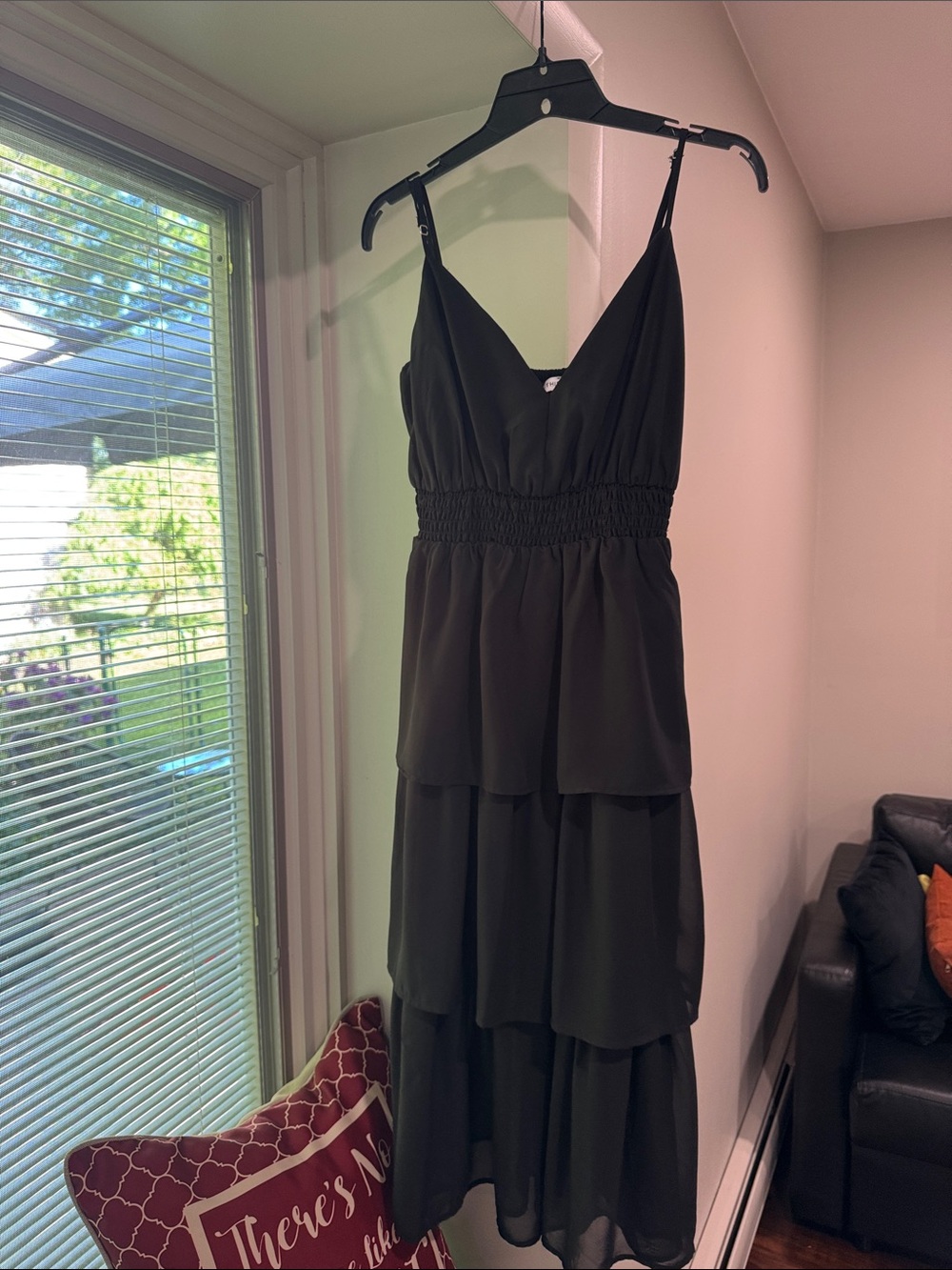 Smocked Waist Black Tiered Midi Dress with Adjustable Straps sz M